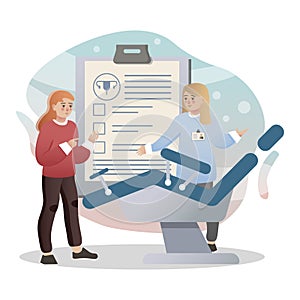 Inspection of the gynecologist illustration. Women, doctor, chair, document. Editable vector graphic design.