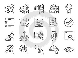 Inspection line icon set. Included the icons as inspect, QA, qualify, quality control, check, verify, and more. photo