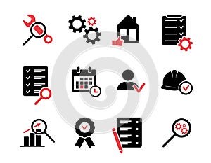 Inspection silhouette icons set. Black icons for quality control, testing, inspect, check, verify, examination. Vector