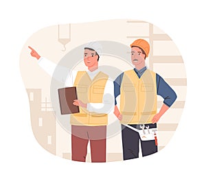 Inspector and foreman in hardhats at construction site. Supervisor or manager controlling building process. Colored flat