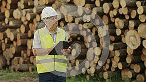 An inspector in a white helmet examines a pile of felled trees. Passes about felled trees. Checks the condition and size