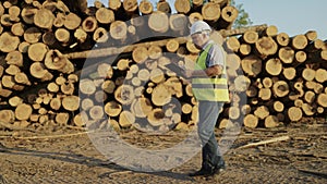 An inspector in a white helmet examines a pile of felled trees. Passes about felled trees. Checks the condition and size