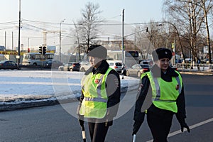 Inspectors of the road patrol service of the police on the Mozhaisk highway in the city of Odintsovo