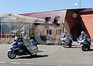 Inspectors of traffic police on BMW motorbikes to go to patrol the roads.