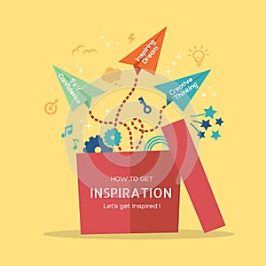 Inspiration concept Illustration with paper plane flying out of the box