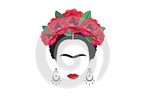 Inspiration Frida Kahlo, portrait of modern Mexican woman with earrings, illustration with background transparent