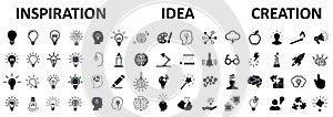 Inspiration icons set, creativity sign, creative idea logo with light bulb, human head, brain â€“ vector