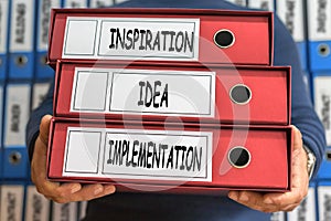 Inspiration, Idea, Implementation, concept words. Folder concept