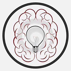 Inspiration or imagination icon. Human brain with a light bulb inside.