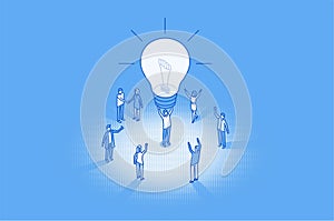 Inspiration, light bulb glow in team leader hands. Happy brainstorm result. Isometric vector business illustration