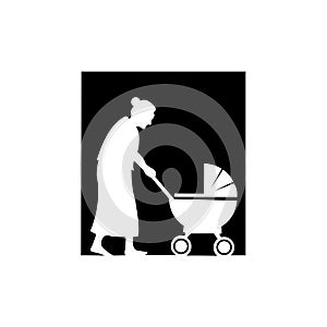 R mother pushes the baby with a trolley