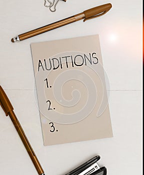 Inspiration showing sign Auditions. Conceptual photo a trial performance to appraise an entertainer's merits