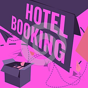 Text sign showing Hotel Booking. Concept meaning Online Reservations Presidential Suite De Luxe Hospitality Open Box photo