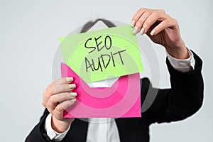 Inspiration showing sign Seo Audit. Word Written on Search Engine Optimization validating and verifying process