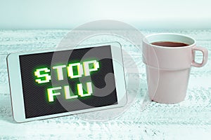 Inspiration showing sign Stop Flu. Conceptual photo a process of inputting and storing data previously acquired Notebook