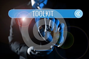 Inspiration showing sign Toolkit. Business approach set of tools kept in a bag or box and used for a particular purpose