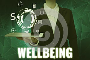 Inspiration showing sign Wellbeing. Concept meaning A good or satisfactory condition of existence including health Lady