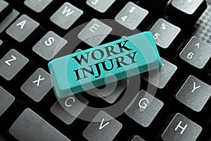 Inspiration showing sign Work Injury. Conceptual photo an accident occurred as a result of labor resulting to an damage photo