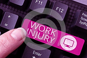 Inspiration showing sign Work Injury. Word for an accident occurred as a result of labor resulting to an damage photo