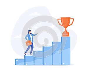 Inspiration for success, Businesswoman climbing ladder to golden trophy,