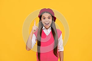 inspiration. tween and youth. yes. casual fashion. happy french teen girl on yellow background