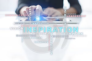 Inspiration words cloud on the virtual screen.