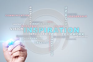 Inspiration words cloud on the virtual screen.