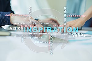 Inspiration words cloud on the virtual screen.