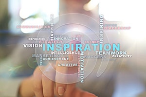 Inspiration words cloud on the virtual screen.