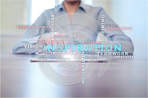 Inspiration words cloud on the virtual screen.