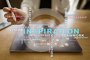 Inspiration words cloud on the virtual screen.