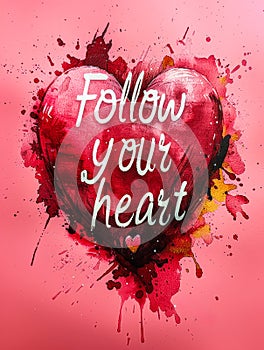 Inspirational calligraphy Follow your heart with a watercolor heart illustration on a vibrant pink splash background, perfect