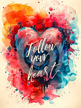 Inspirational calligraphy Follow your heart with a watercolor heart illustration on a vibrant pink splash background, perfect