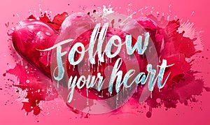 Inspirational calligraphy Follow your heart with a watercolor heart illustration on a vibrant pink splash background, perfect