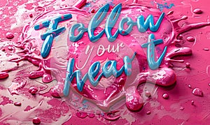 Inspirational calligraphy Follow your heart with a watercolor heart illustration on a vibrant pink splash background, perfect