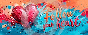 Inspirational calligraphy Follow your heart with a watercolor heart illustration on a vibrant pink splash background, perfect