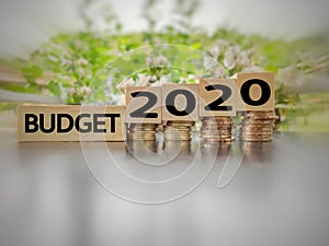 inspirational and conceptual - budget 2020 on wooden blocks with coins stack  in blurred motion background