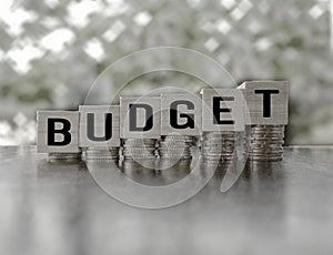 inspirational and conceptual - budget on wooden blocks with coins stack background