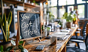 Inspirational Home Office Setting with You Got This Chalkboard Message, Wooden Desk, Indoor Plants, and Cozy Work Ambiance