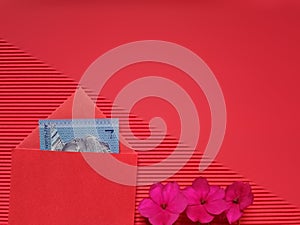 inspirational image of red envelope,money and flower in red colour background