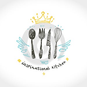 Inspirational kitchen. Illustration as a child`s drawing a kitchen utensils with wings and a crown.