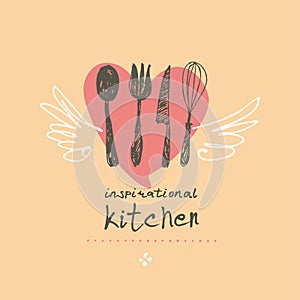 Inspirational kitchen. Illustration as a child`s drawing a kitchen utensils with wings and heart. Funny picture drawn by pencils.