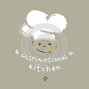 Inspirational kitchen. Illustration as a child`s drawing a smile face in chef`s hat. Funny picture drawn by pencils.