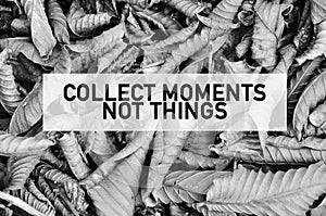 Inspirational motivating quote of collect moments not things on full frame dried leaves in black and white