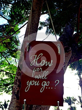 Inspirational motivation quote How far will you go on a sigh hanging in tree