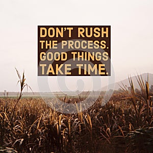 Inspirational Motivational quote `Don`t rush the process, good things take time.` with mountain view