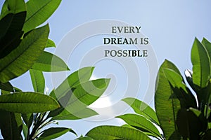 Inspirational motivational quote-Every dream is possible. With notes on green frangipani leaves and blue sky background.