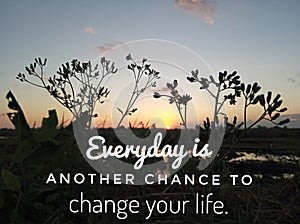 Inspirational motivational quote- everyday is another chance to change your life. With meadow grass flowers silhouette and sunset