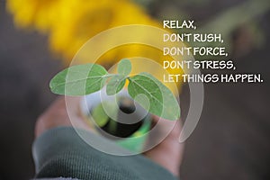 Inspirational motivational quote - Relax. Do not rush or force and stress. Let things happen. With woman holding a little plant