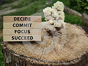 Inspirational and motivational words of decide commit focus succeed on wooden blocks in vintage background